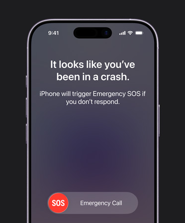 Pohľad spredu na iPhone 17, zaoblené rohy, aktivovaná funkcia Detekcia nehôd