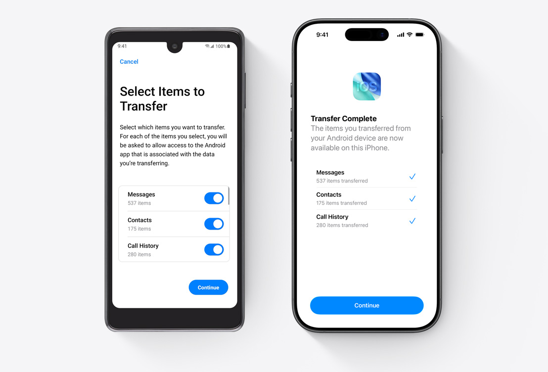 Един до друг, екран на Android с Move to iOS приложението, екран на iPhone с Move to iOS приложението