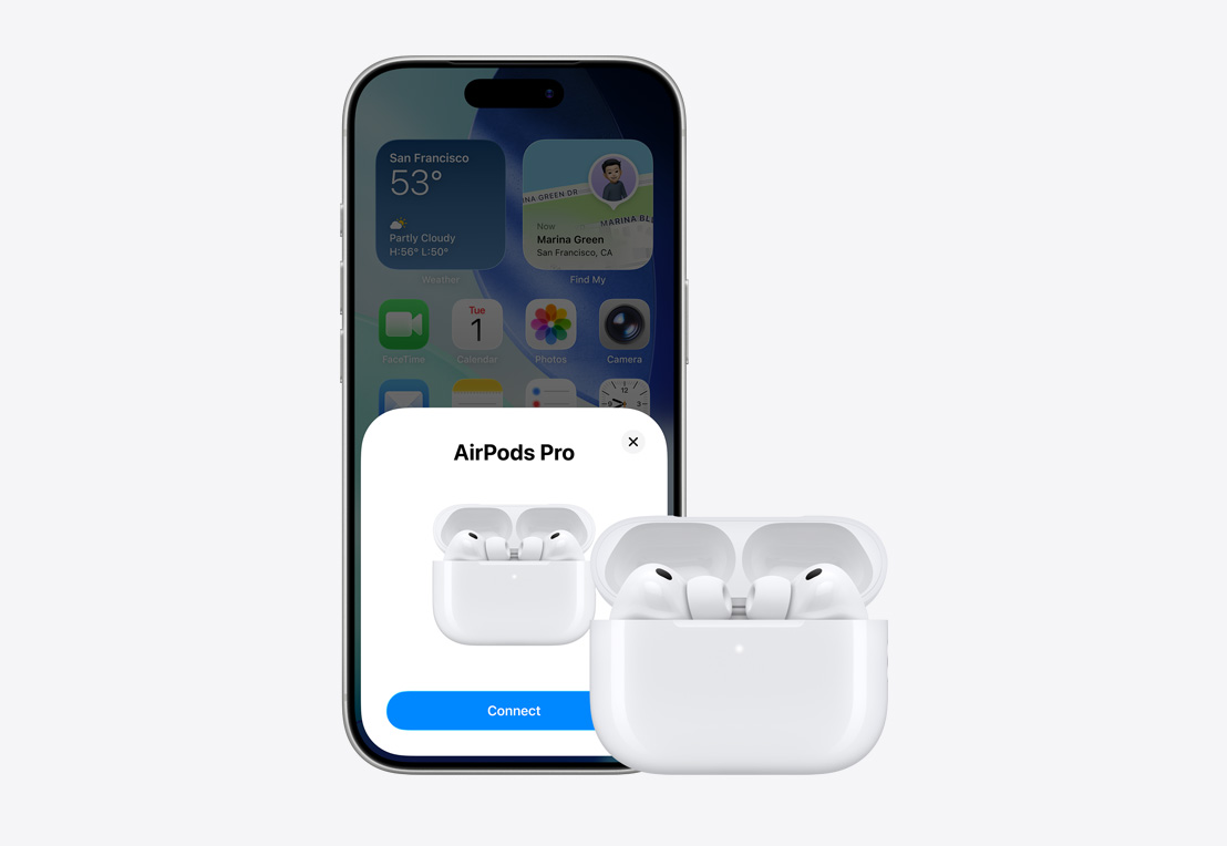 iPhone, voorkant, melding over AirPods-koppeling op het scherm, AirPods in geopende case naast iPhone