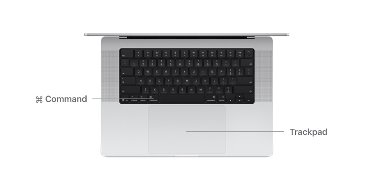 Top view of MacBook Pro 14” with lines indicating where the Command key button and trackpad are.