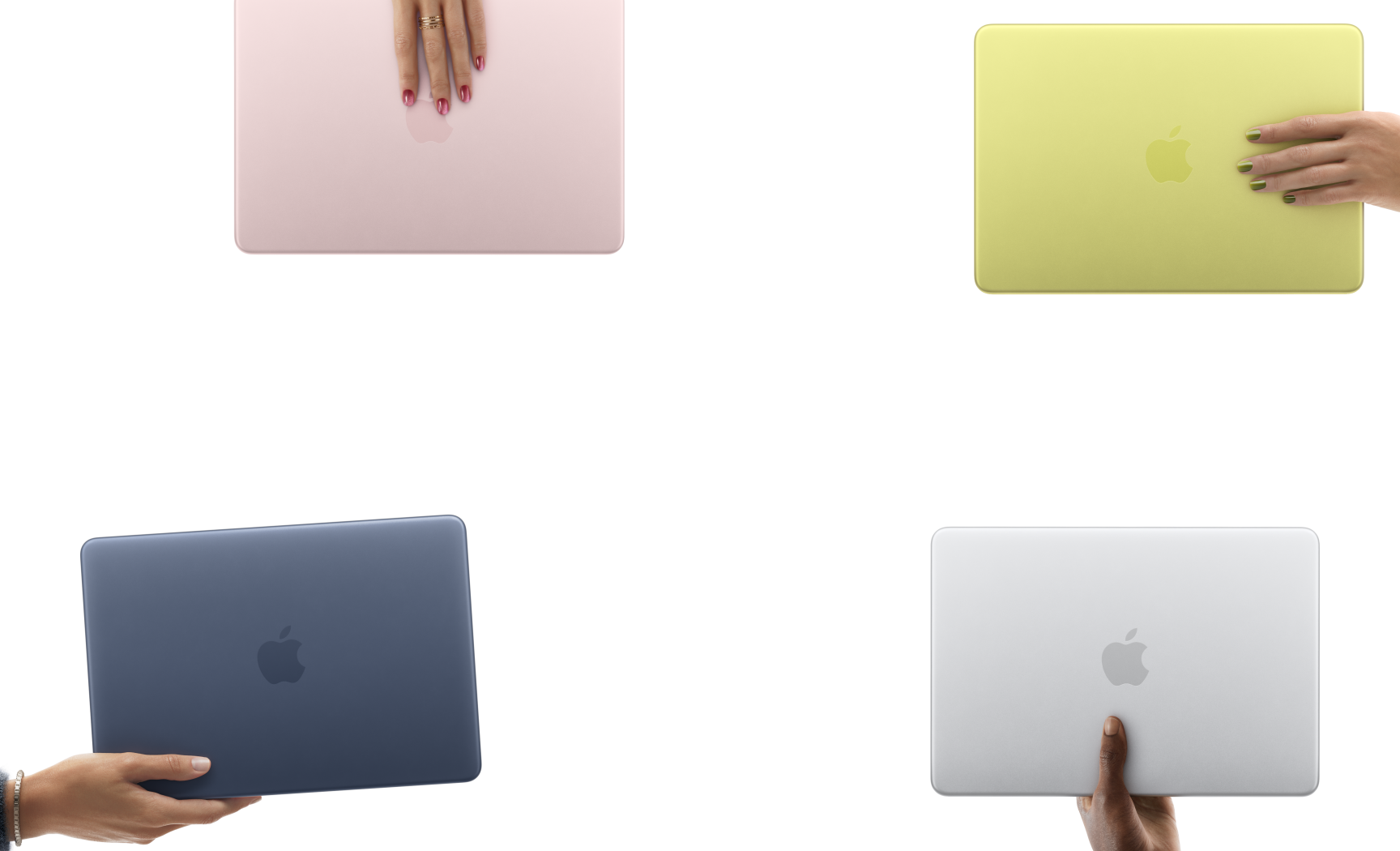 Laptop MacBook Neo dalam berbagai warna, masing-masing dipegang di tangan orang yang berbeda