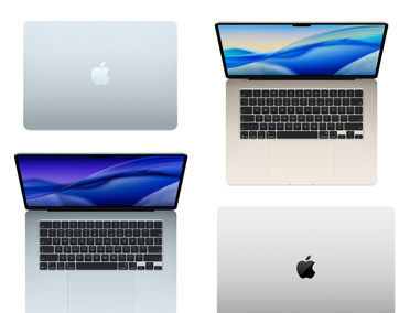 أربعة أجهزة Mac بموديلات وأحجام وألوان مختلفة، تعرض مدى التخصيص الممكن