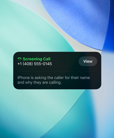 iPhone app widget showcasing the Call Screening feature on an incoming call, new emerald blue, white and turquoise wallpaper set in the background
