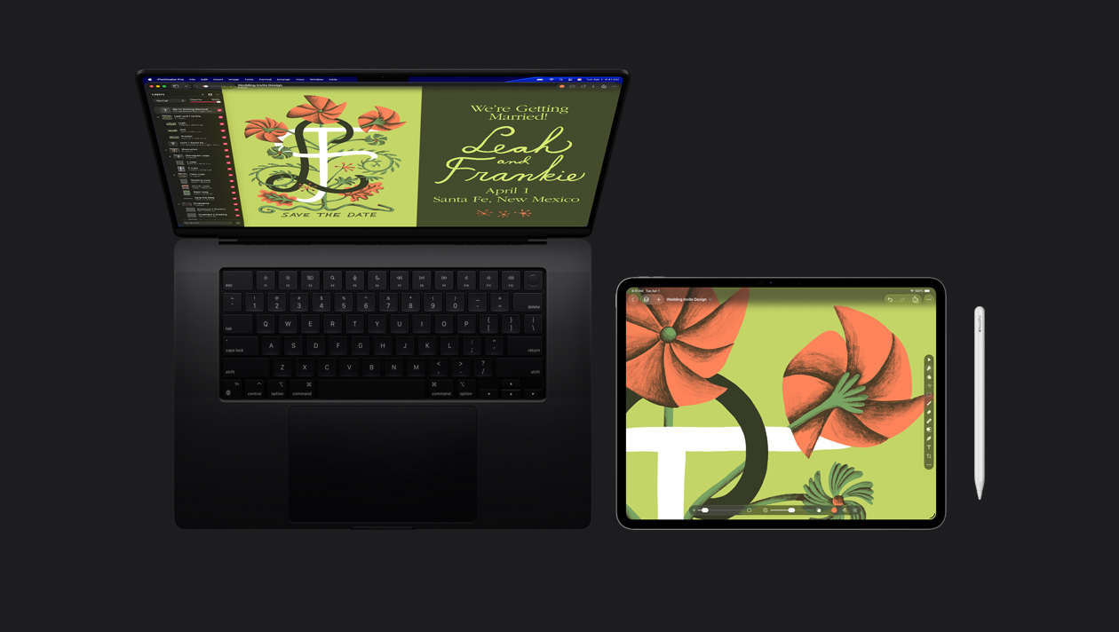 MacBook Pro 16 screen showing illustration of wedding invitation with stylized orange flower on green background and the letters L and F with save the date, iPad Pro showing an illustration of stylised orange flower on green background and tools bars, Apple Pencil sits to the right of iPad Pro