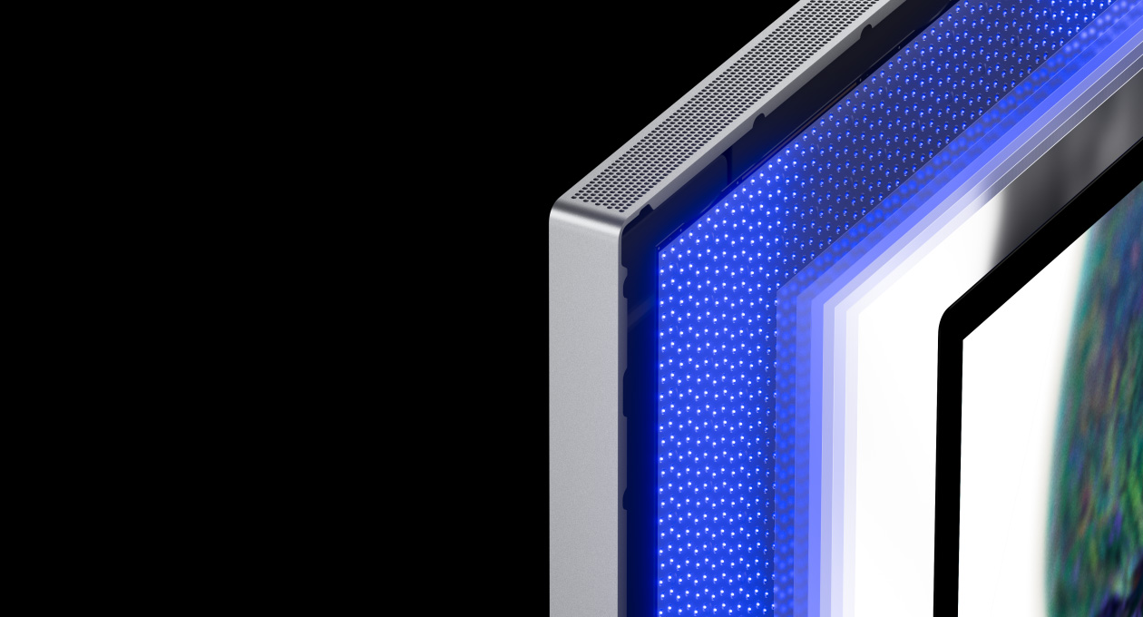 Galéria ukazuje vlastnosti displeja Studio Display XDR vrátane podsvietenia mini-LED, nastavení jasu a kontrastu, adaptívnej synchronizácie a možností pripojenia